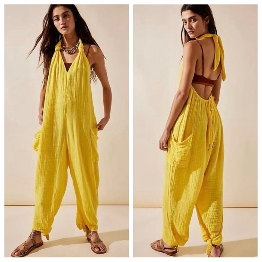 Free People Yellow Halter Jumpsuit
